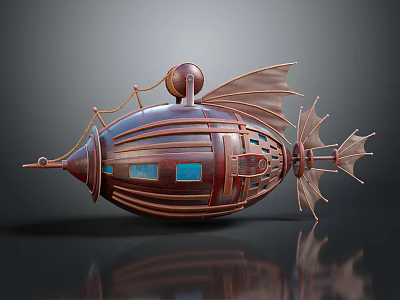 Vintage Steampunk Airship Model With Copper Exterior Blue Windows And Decorative Wings 3d model
