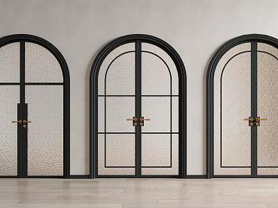 Stylish Arched Double Doors With Black Frames Textured Glass Golden Handles In Modern Interior Design 3d model