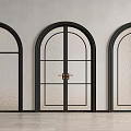 Stylish Arched Double Doors With Black Frames Textured Glass Golden Handles In Modern Interior Design