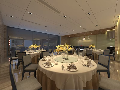 Elegant Restaurant Interior With Round Tables White Tablecloths And Yellow Flower Centerpieces 3d model