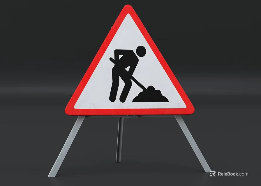 Triangular Construction Warning Sign Red Border White Background Shovel Soil Graphic On Metal Stand 3d model 