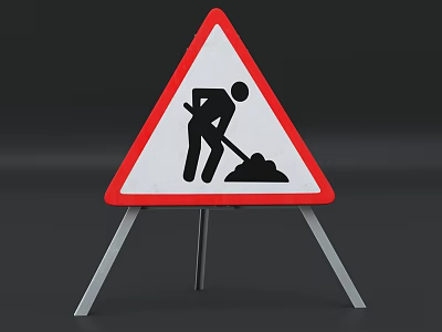 Triangular Construction Warning Sign Red Border White Background Shovel Soil Graphic On Metal Stand 3d model