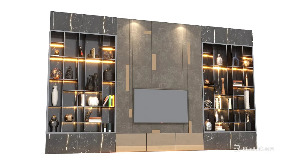 Modern TV Wall Design With Marble Texture Side Shelves Built in Lighting And Decorative Items 3d model 