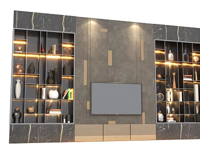 Modern TV Wall Design With Marble Texture Side Shelves Built in Lighting And Decorative Items 3d model