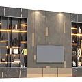 Modern TV Wall Design With Marble Texture Side Shelves Built in Lighting And Decorative Items