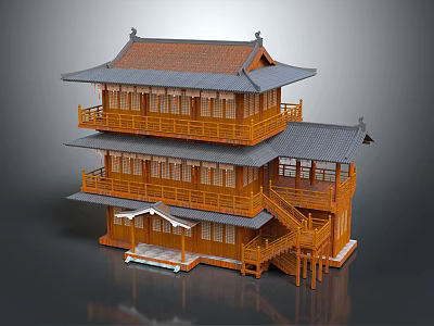 Traditional Three Story Wooden Ancient Architecture With Curved Eaves Tile Roof Balconies And Staircase 3d model