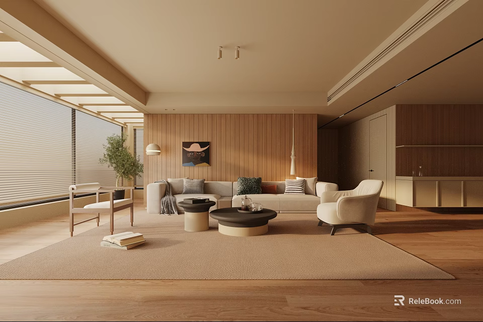 Modern Living Room Interior With Wooden Walls Sofa Coffee Table Plants And Wall Art 3d model 
