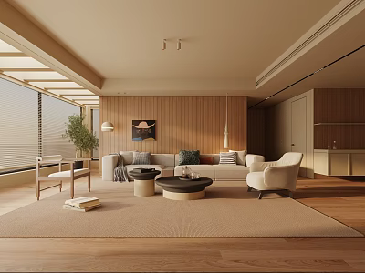 Modern Living Room Interior With Wooden Walls Sofa Coffee Table Plants And Wall Art 3d model