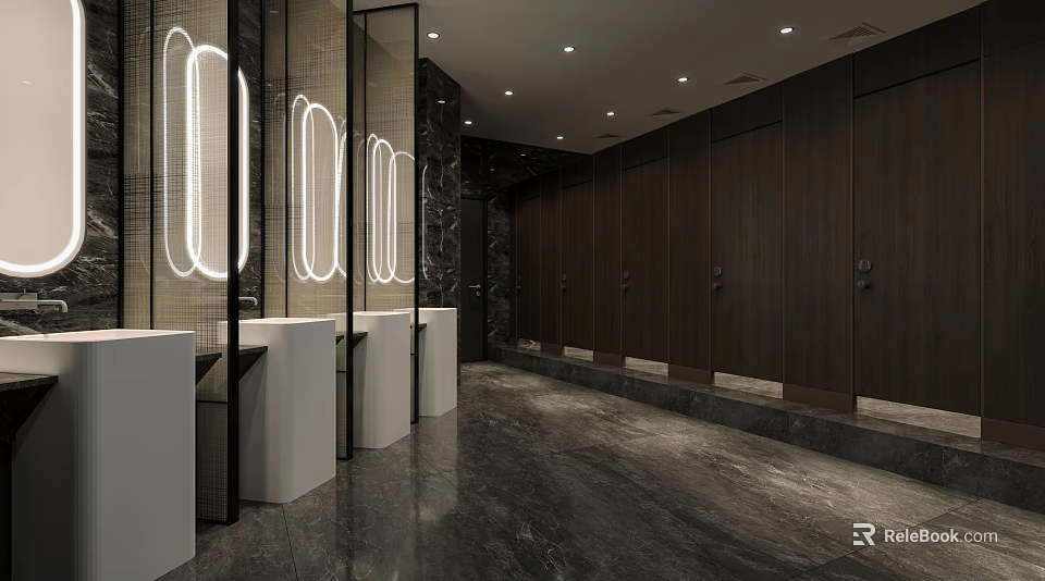 Modern Public Restroom Interior With Illuminated Mirrors White Sinks And Dark Stalls 3d model 