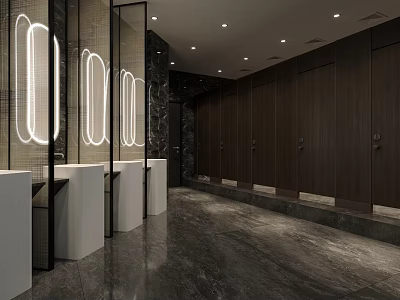 Modern Public Restroom Interior With Illuminated Mirrors White Sinks And Dark Stalls 3d model