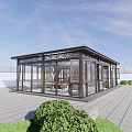 Modern Pavilion With Glass Facade Interior Seating Greenery And Stone Pavement