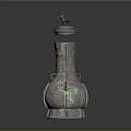 Ancient Bronze Wine Bottle Featuring Bird Shaped Lid And Intricate Decorative Patterns 3d model