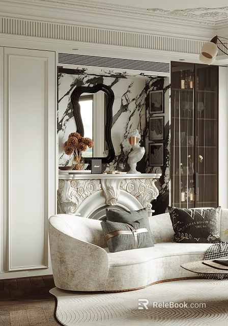 Elegant Dining Living Room With Marble Mirror Carved Fireplace And Sofa Decorative Pillows 3d model 