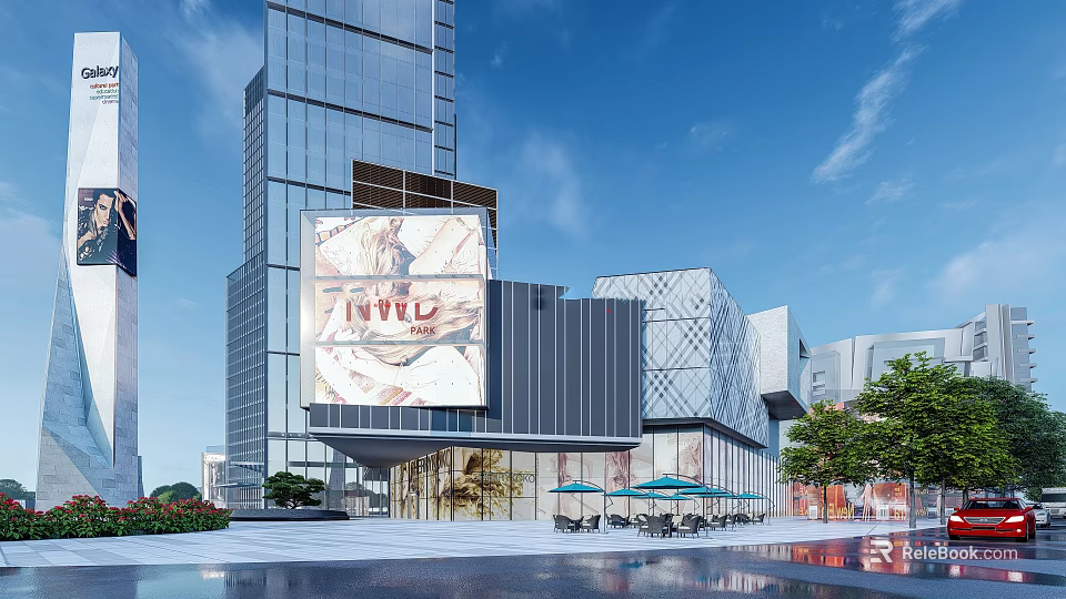 Modern Urban Architecture With Glass Facades Plaza And Outdoor Seating Area 3d model 