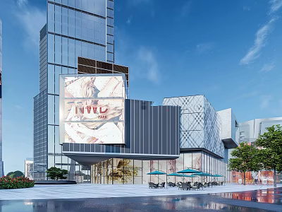 Modern Urban Architecture With Glass Facades Plaza And Outdoor Seating Area 3d model