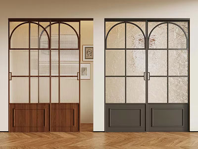 Arched Glass Doors With Wooden And Gray Frames For Interior Partition Design 3d model