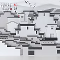 Traditional Chinese White Wall Design With Black Tiles Overhanging Eaves And Flying Birds