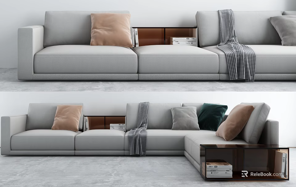 Gray Sectional Sofa With Colorful Pillows Checkered Throw And Side Storage 3d model