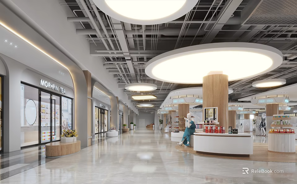 Modern Mall Lobby Interior With Circular Ceiling Lights And Retail Stores 3d model 