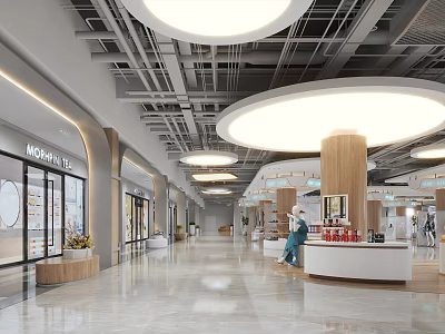 Modern Mall Lobby Interior With Circular Ceiling Lights And Retail Stores 3d model