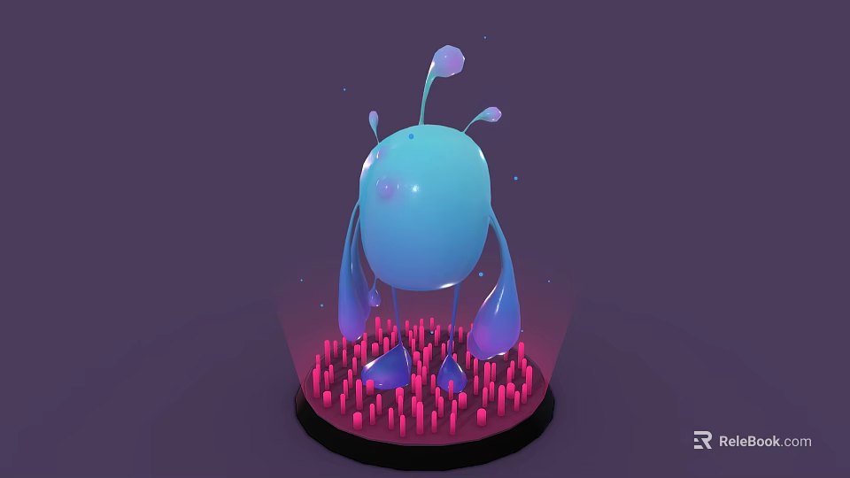 Blue Round Game Movie Character With Droplet Protrusions On Black Base Red Spikes Purple Background 3d model 