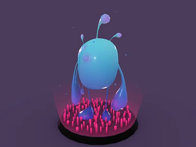 Blue Round Game Movie Character With Droplet Protrusions On Black Base Red Spikes Purple Background 3d model