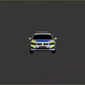 Modern White And Blue Police Sedan With Yellow Stripes And Roof Emergency Lights