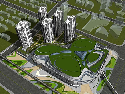 Contemporary Commercial Street Featuring High Rise Buildings And Green Roof Design 3d model