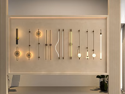Modern Wall Lamps With Different Designs Displayed On Interior Wall Showcase 3d model