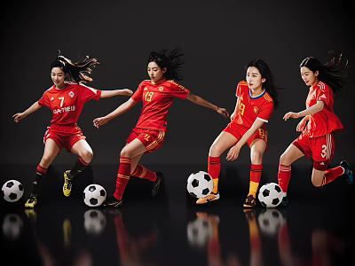 Women in red sportswear playing football against black background with energetic movements and soccer balls 3d model