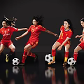Women in red sportswear playing football against black background with energetic movements and soccer balls