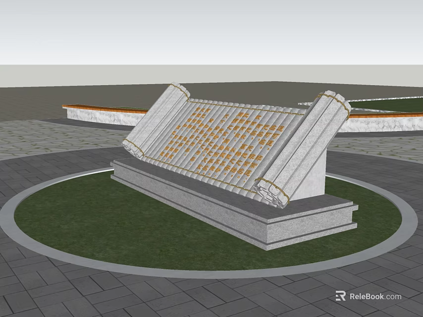 Garden Ornament Featuring Tilted Stone Slabs Inscriptions On Circular Lawn With Brick Pavement And Low Wall 3d model 