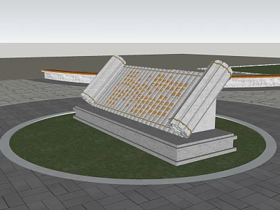 Garden Ornament Featuring Tilted Stone Slabs Inscriptions On Circular Lawn With Brick Pavement And Low Wall 3d model