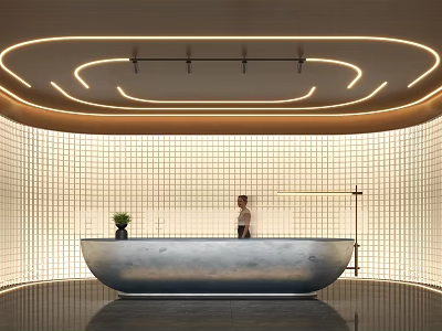 Modern Elegant Curved Reception Desk With Lighting Strips Grid Backdrop Potted Plant And Receptionist 3d model