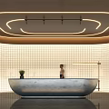 Modern Elegant Curved Reception Desk With Lighting Strips Grid Backdrop Potted Plant And Receptionist