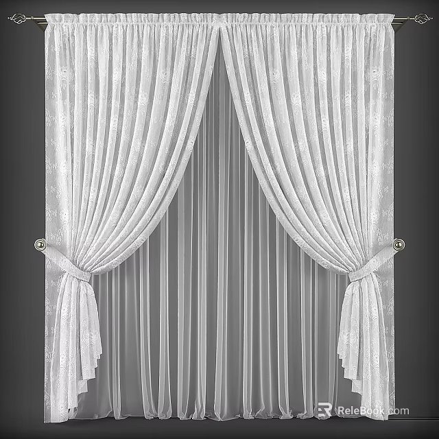 Elegant White Textured Curtains With Sheer Layer And Decorative Tiebacks 3d model 