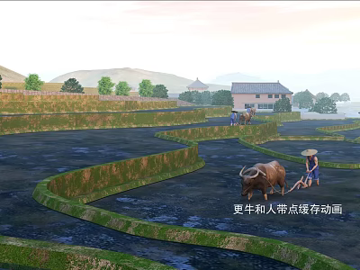 Scenic Terrace Fields Landscape With Buffalo Farmer Distant Mountains And Traditional Houses 3d model