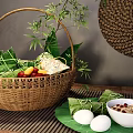 Traditional Glutinous Rice Dumplings Wrapped In Bamboo Leaves With Boiled Eggs Porridge And Wicker Basket