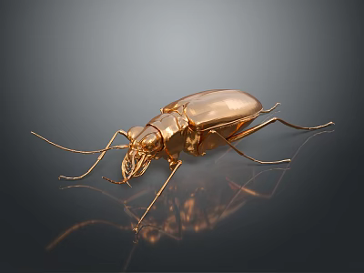 Detailed Golden Beetle on Dark Smooth Surface with Shiny Reflection 3d model