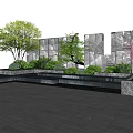 Modern Landscape Wall With Stone Panels Surrounded By Green Plants And Trees In Outdoor Courtyard