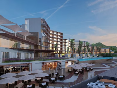 Modern Commercial Street With Outdoor Dining Umbrellas Pool Palm Trees And Sunset Sky 3d model