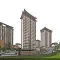 Modern High Rise Residential Buildings With Landscaped Gardens Water Pool And Plaza