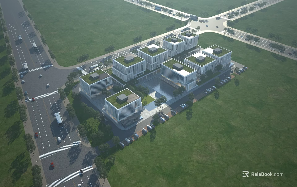 Modern Industrial Factory Complex With Green Roofs Multiple Units And Spacious Parking Area 3d model 
