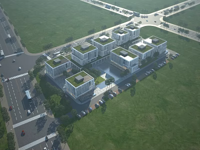Modern Industrial Factory Complex With Green Roofs Multiple Units And Spacious Parking Area 3d model