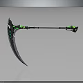 Fantasy Scythe Weapon With Long Handle Black Body Glowing Green Accents And Sharp Blade