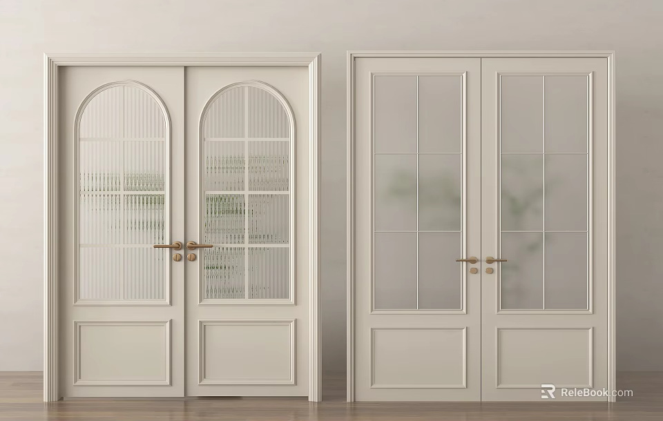 White Double Doors With Arched And Square Glass Panels And Gold Handles Interior Design 3d model 