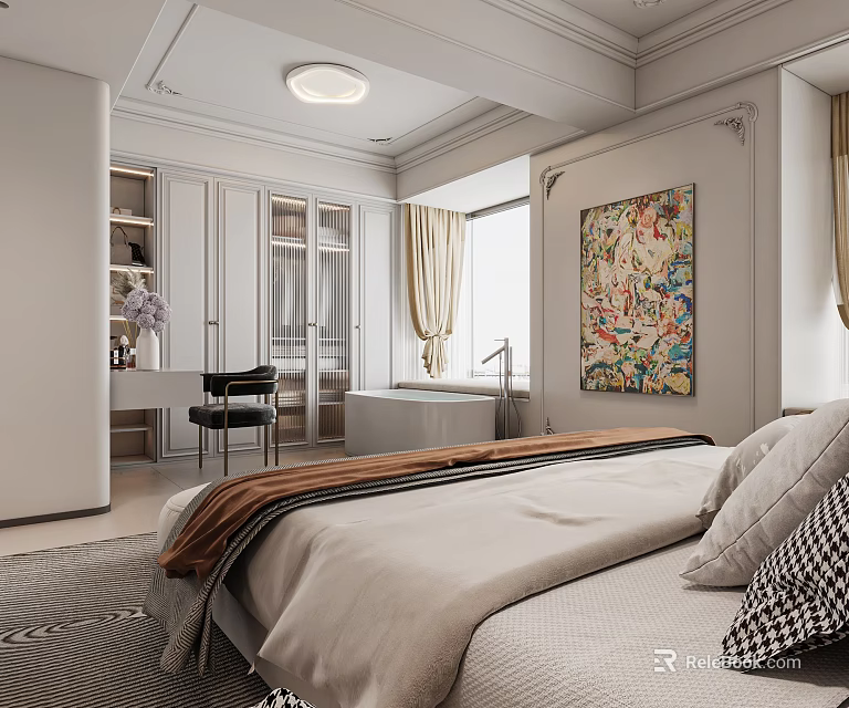 Elegant Modern Bedroom Interior Design With Bed Bathtub White Cabinets And Colorful Painting 3d model 
