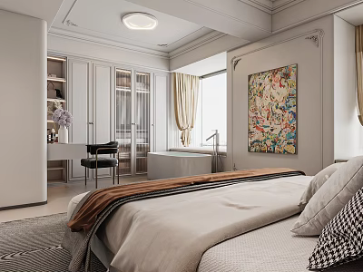 Elegant Modern Bedroom Interior Design With Bed Bathtub White Cabinets And Colorful Painting 3d model