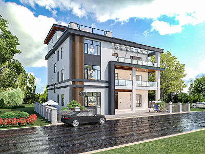 Modern Detached Villa Exterior Design With Two Story Structure Lawn Trees And Car On Driveway 3d model