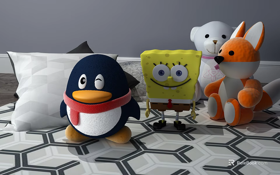 Cute Stuffed Plush Toys Collection Featuring Penguin SpongeBob Bear and Fox 3d model 